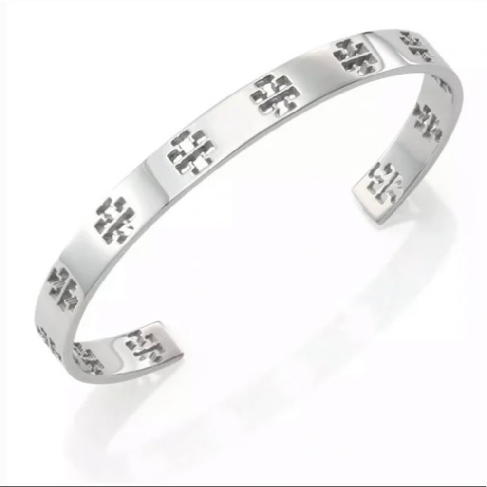 Tory Burch Silver Logo Cut Out Cuff Bracelet